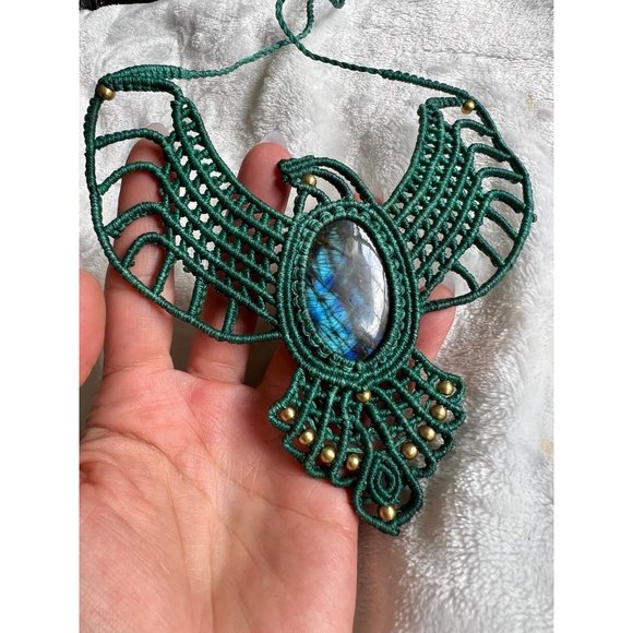 Handmade Jewelry - Artistic Flash Labradorite Hemp Peace Dove Thunderbird Bird Necklace